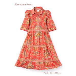 Gretchen Scott Oliphant Style Coral Paisley Dress Size M Tiered Puff Sleeve